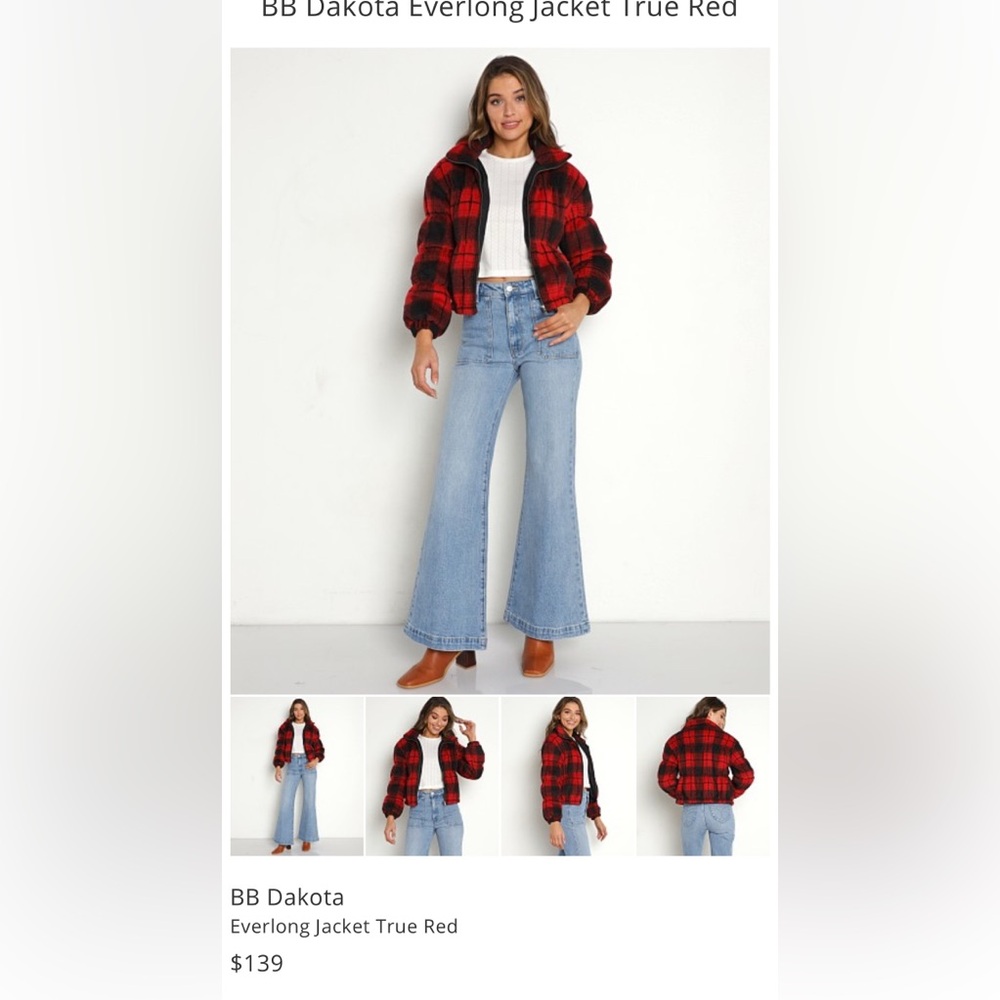 BB DAKOTA STEVE MADDEN CROPPED PUFFER JACKET red buffalo black check small